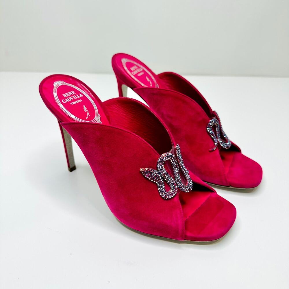 Rene Caovilla Venezia EU 37 US 7 Sandals Red Suede Leather Crystal Snake Mules - Picture 3 of 11